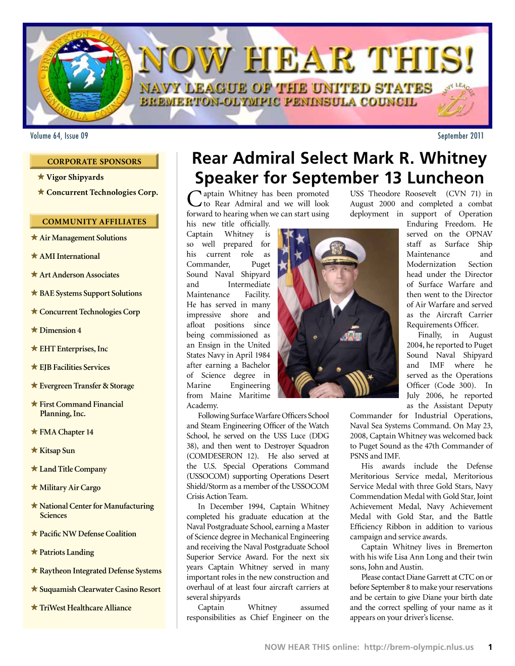 Rear Admiral Select Mark R. Whitney Speaker for September 13 Luncheon