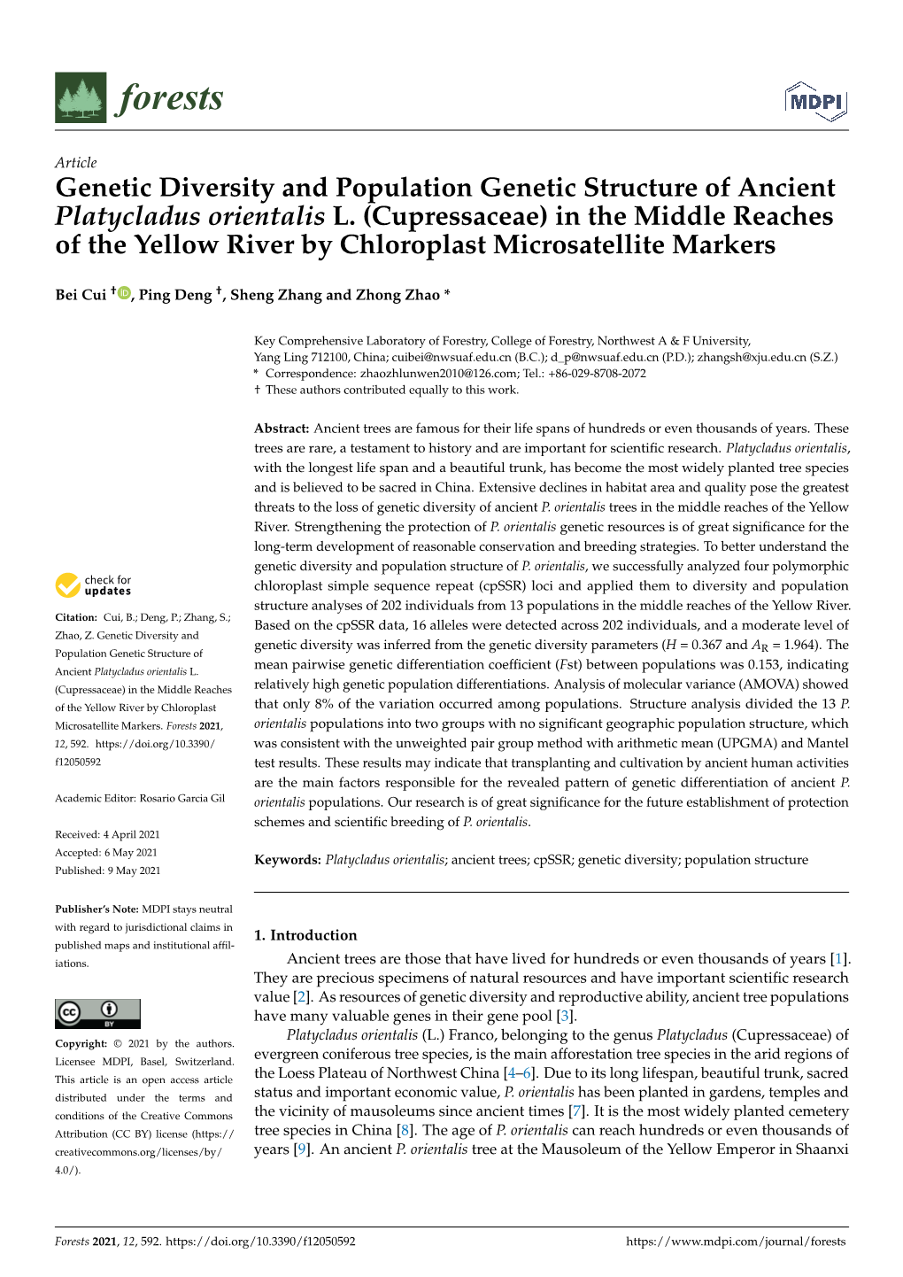 Genetic Diversity and Population Genetic Structure of Ancient Platycladus Orientalis L