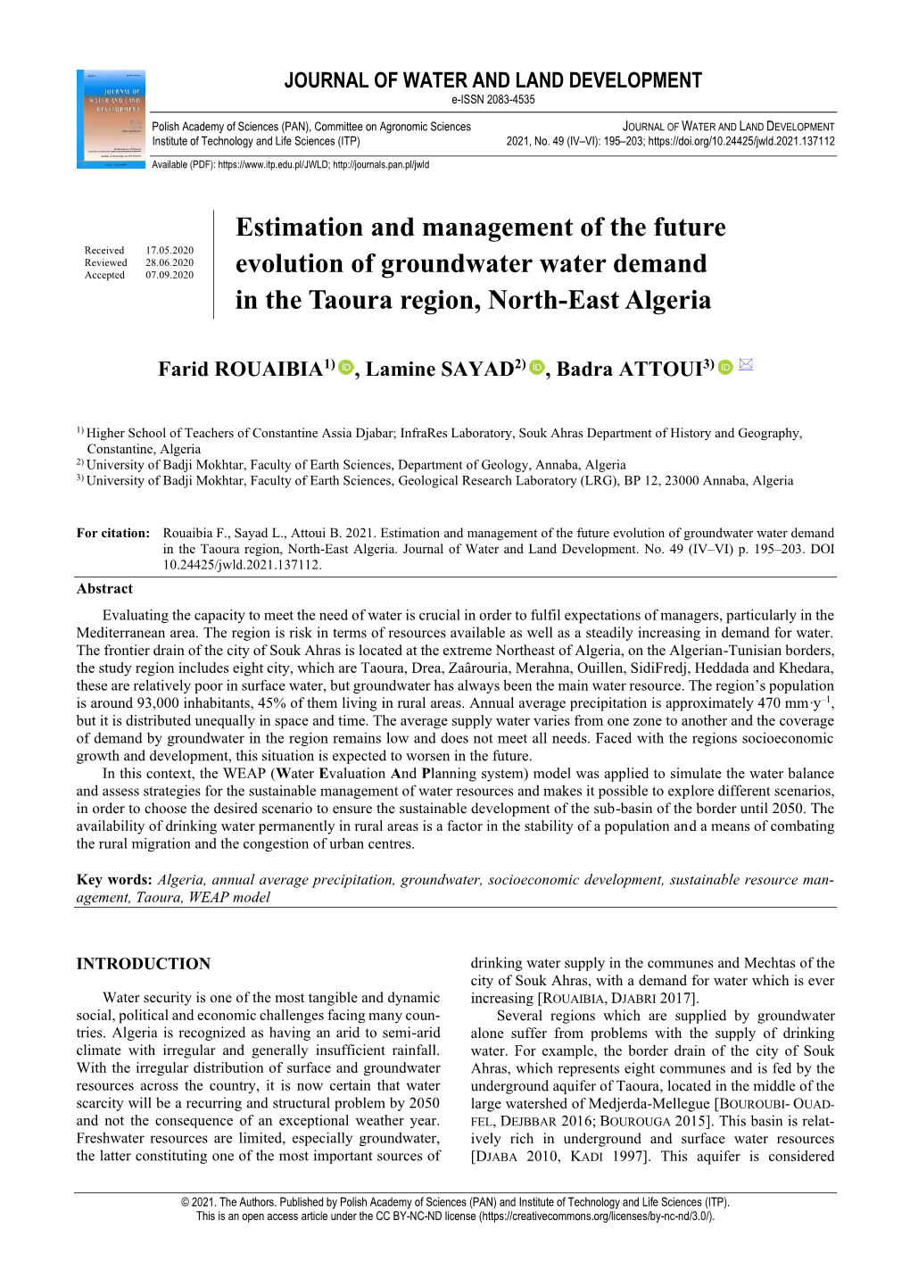 Estimation and Management of the Future Evolution of Groundwater Water Demand in the Taoura Region, North-East Algeria