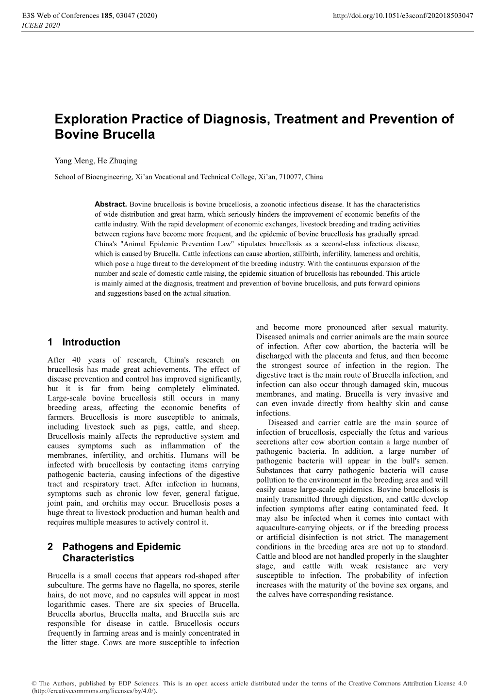 Exploration Practice of Diagnosis, Treatment and Prevention of Bovine Brucella