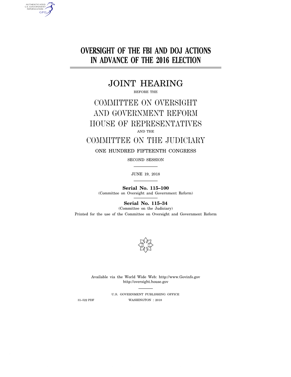 Oversight of the Fbi and Doj Actions in Advance of the 2016 Election