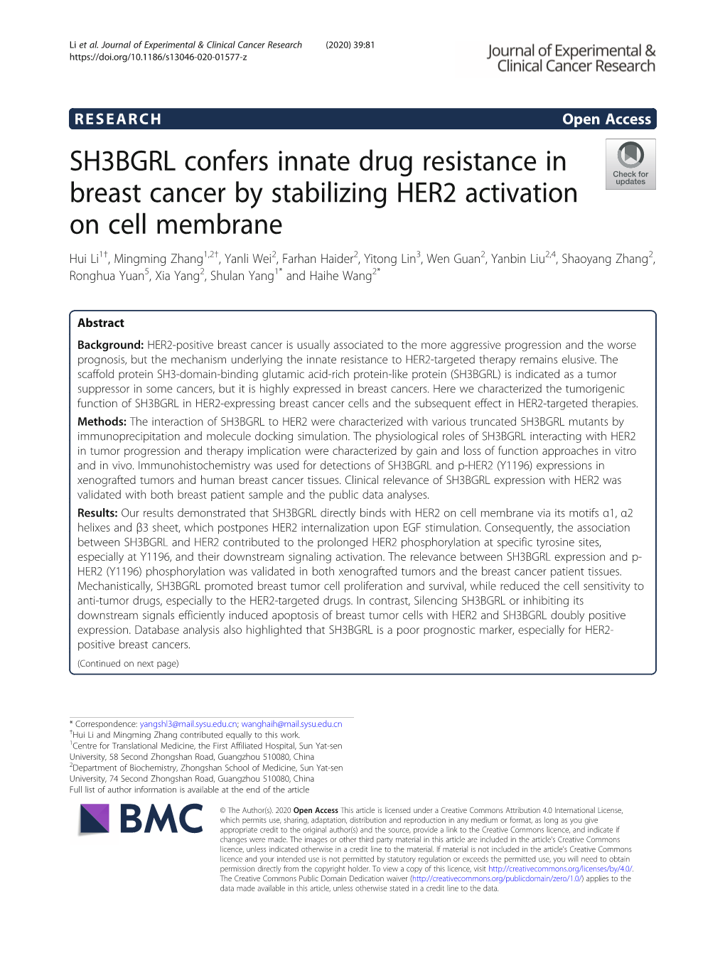 SH3BGRL Confers Innate Drug Resistance in Breast Cancer By