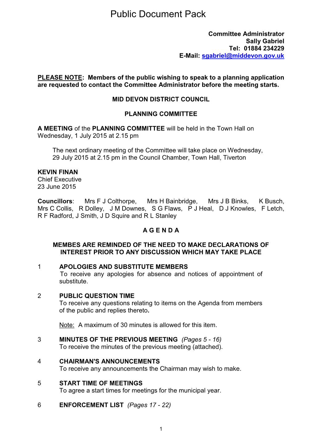 (Public Pack)Agenda Document for Planning Committee, 01/07/2015