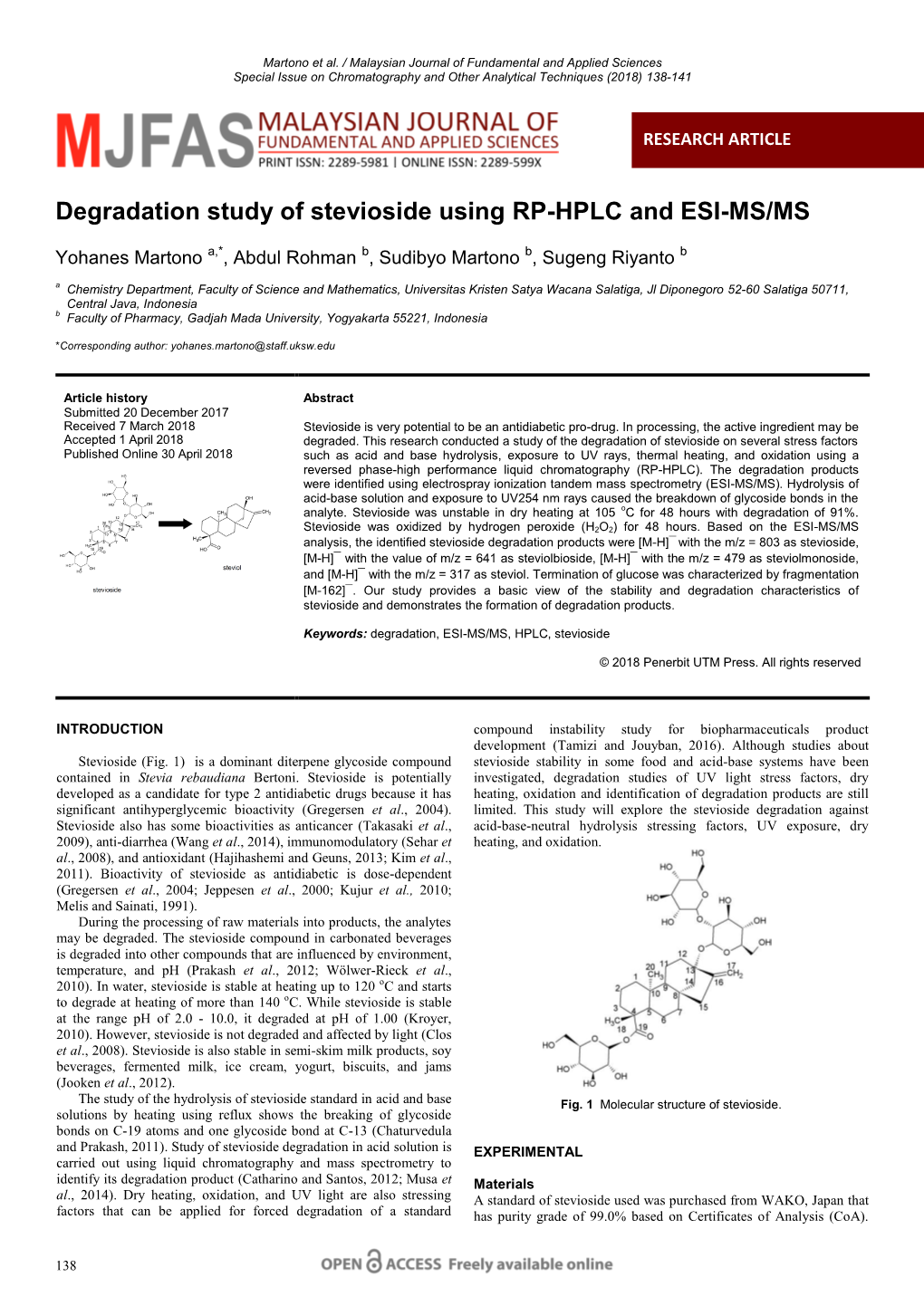 Degradation Study of Stevioside Using RP-HPLC and ESI-MS/MS