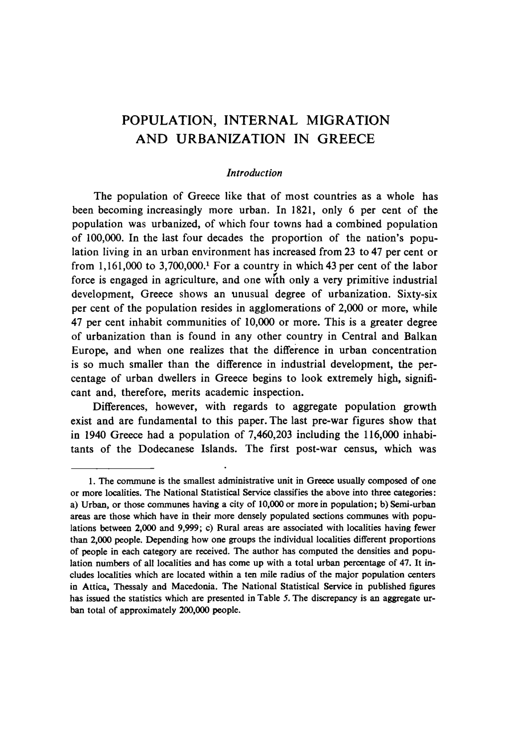 Population, Internal Migration and Urbanization in Greece