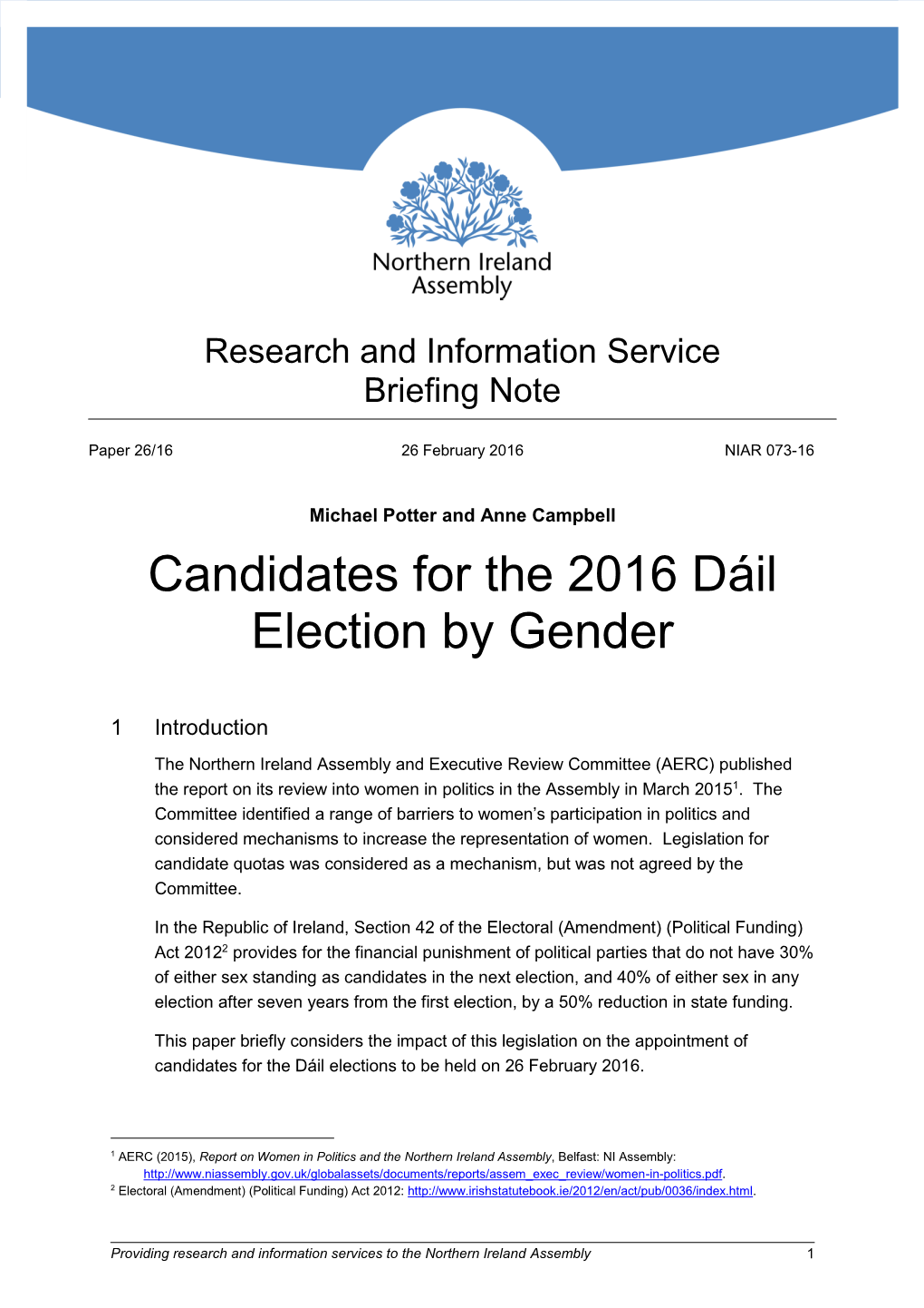 Candidates for the 2016 Dáil Election by Gender