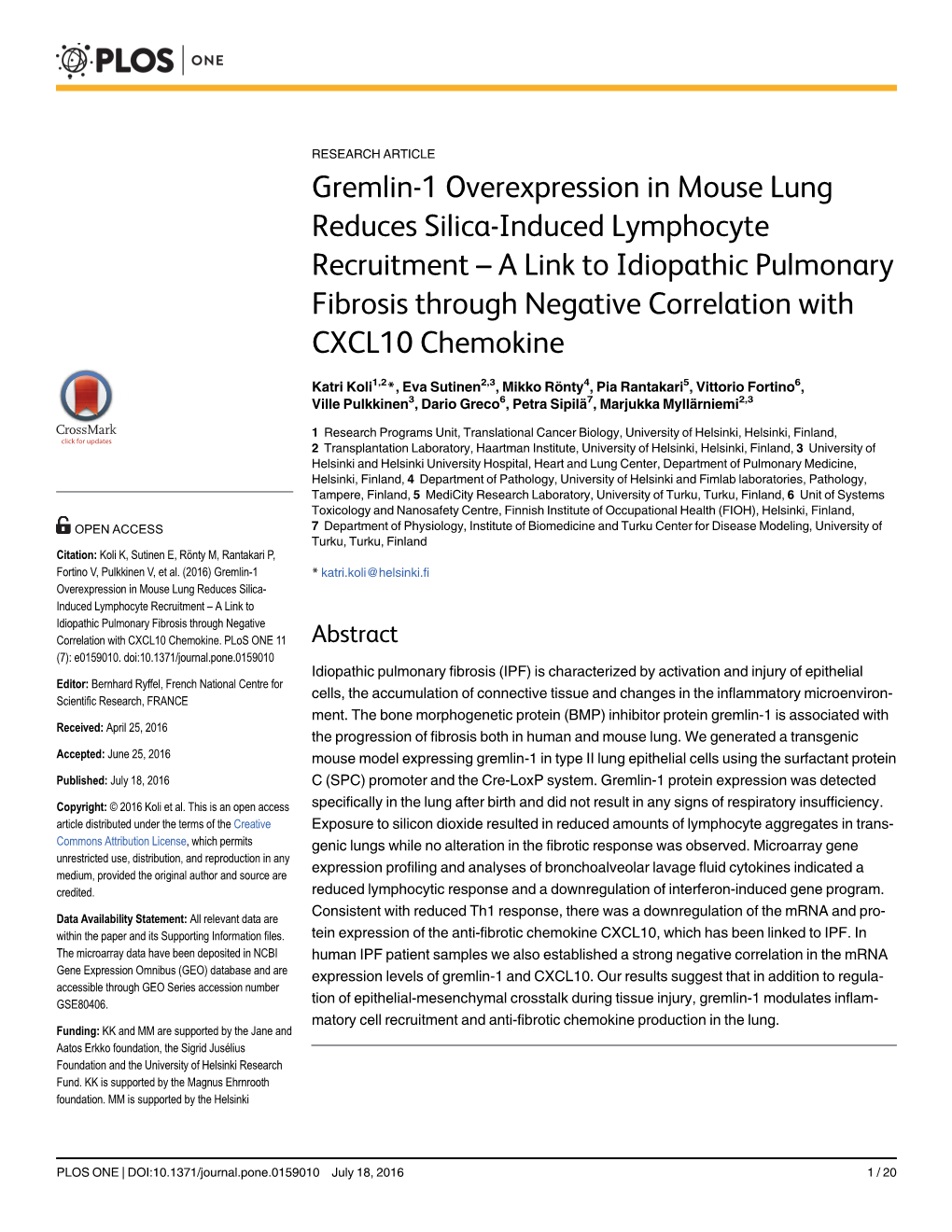 Gremlin-1 Overexpression in Mouse Lung Reduces Silica-Induced