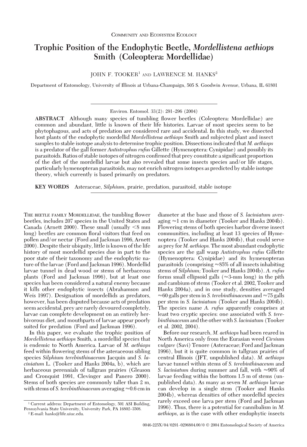 Trophic Position of the Endophytic Beetle, Mordellistena Aethiops Smith (Coleoptera: Mordellidae)