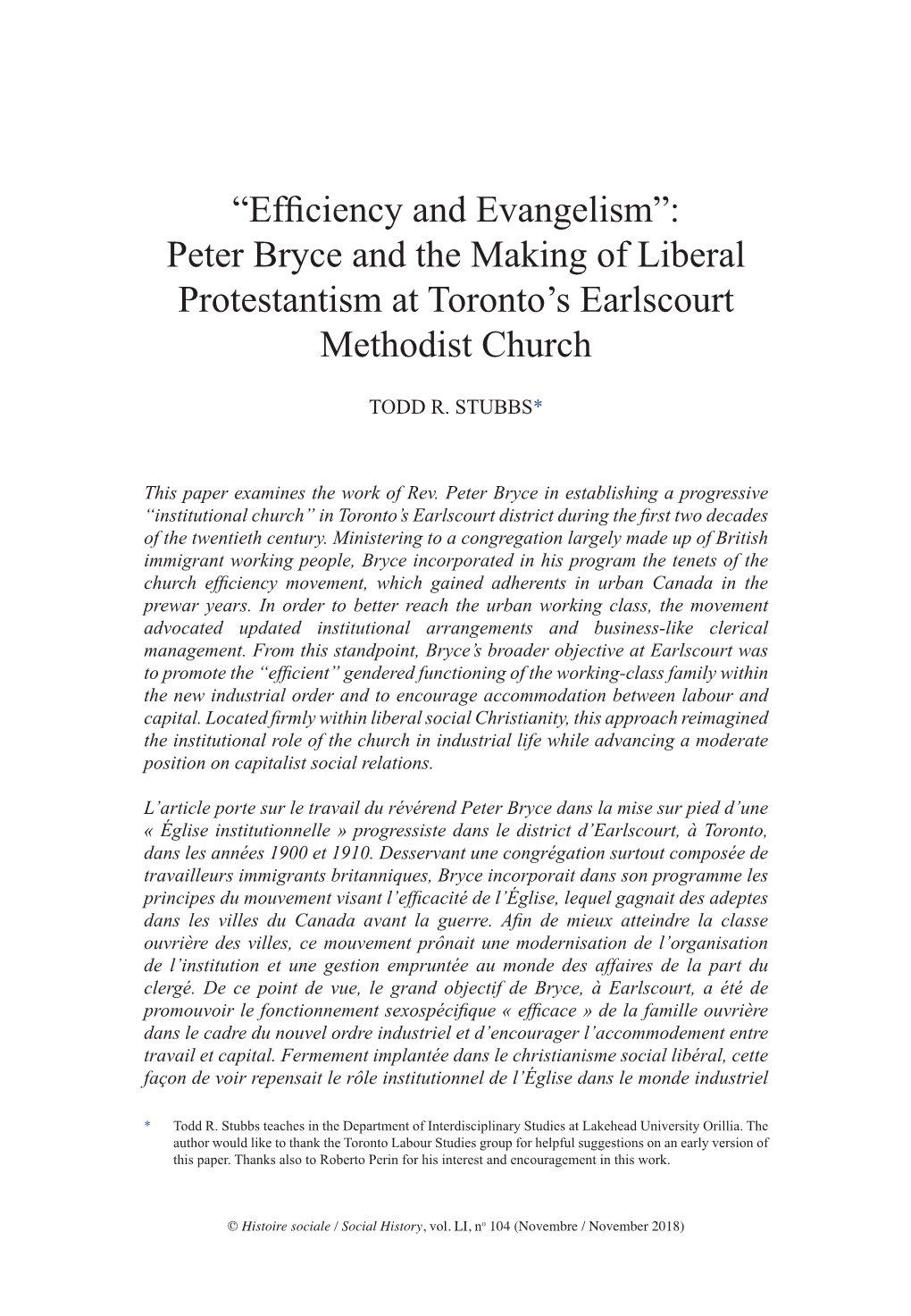 “Efficiency and Evangelism”: Peter Bryce and the Making of Liberal Protestantism at Toronto's Earlscourt Methodist Church