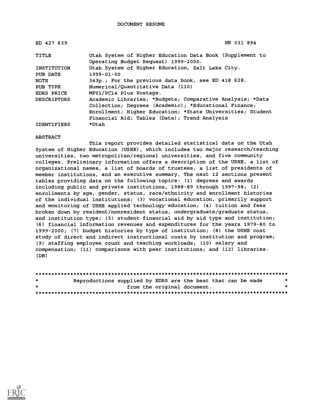 DOCUMENT RESUME ED 427 639 Utah System of Higher