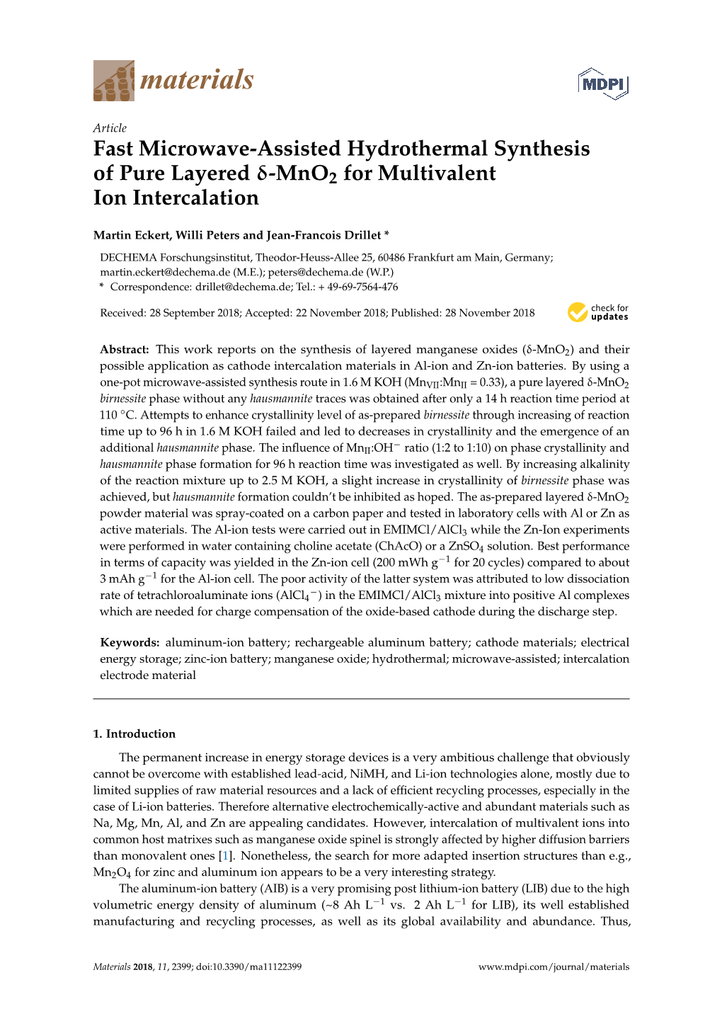 Fast Microwave-Assisted Hydrothermal Synthesis of Pure Layered Δ-Mno2 for Multivalent Ion Intercalation