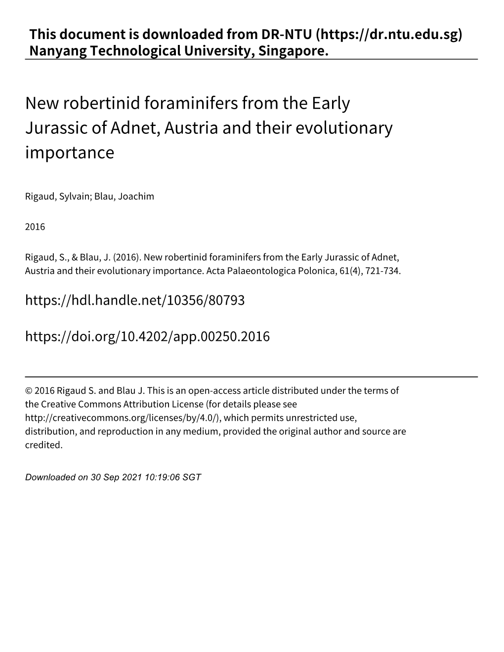 New Robertinid Foraminifers from the Early Jurassic of Adnet, Austria and Their Evolutionary Importance