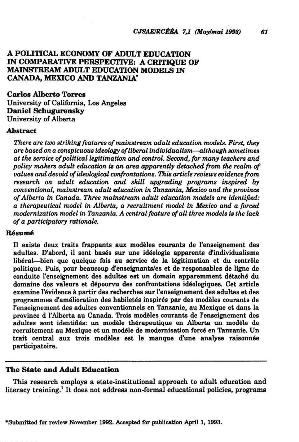 A Political Economy of Adult Education in Comparative Perspective: a Critique Op Mainstream Adult Education Models in Canada, Mexico and Tanzania*