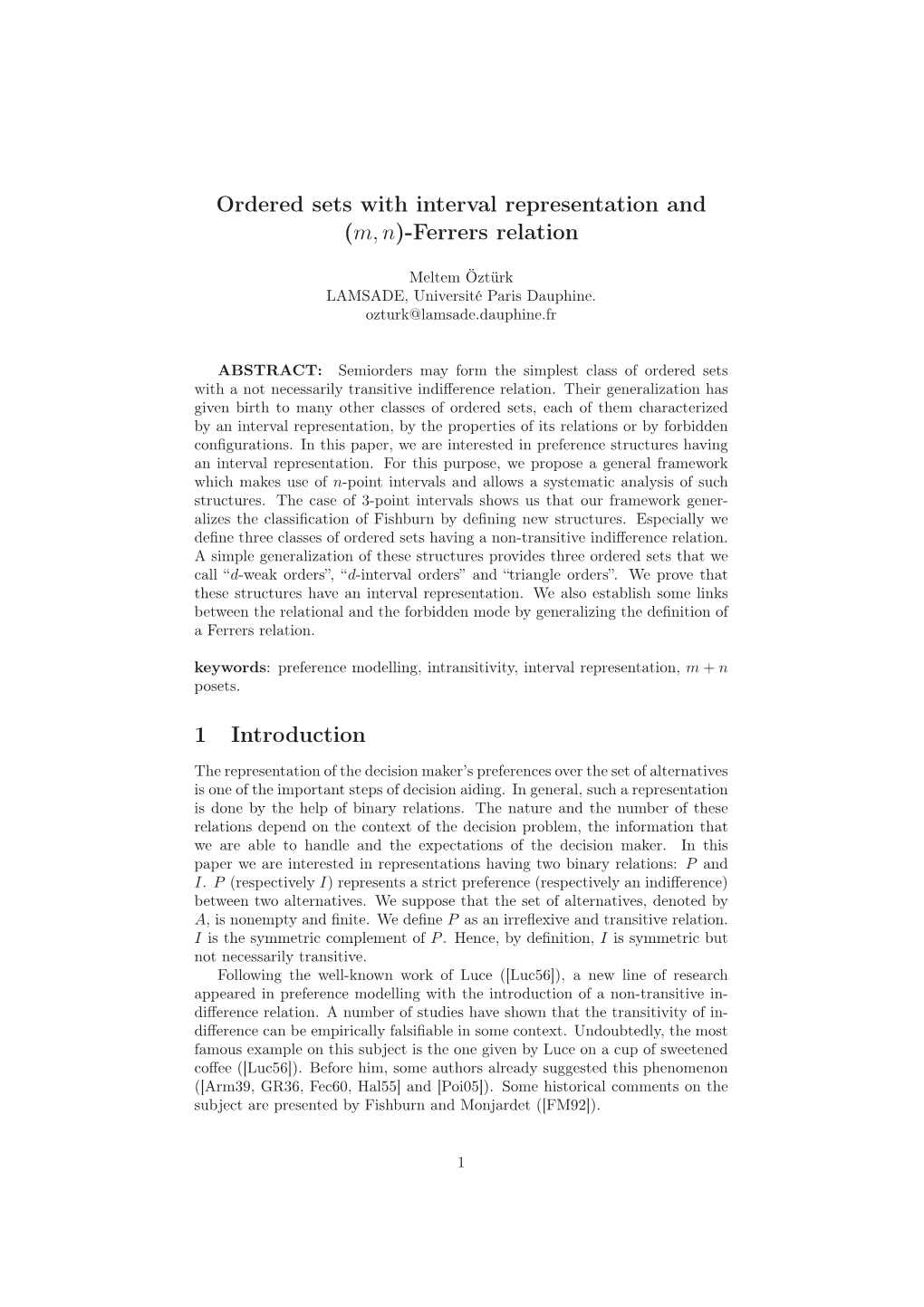 Ordered Sets with Interval Representation and (M, N)-Ferrers Relation