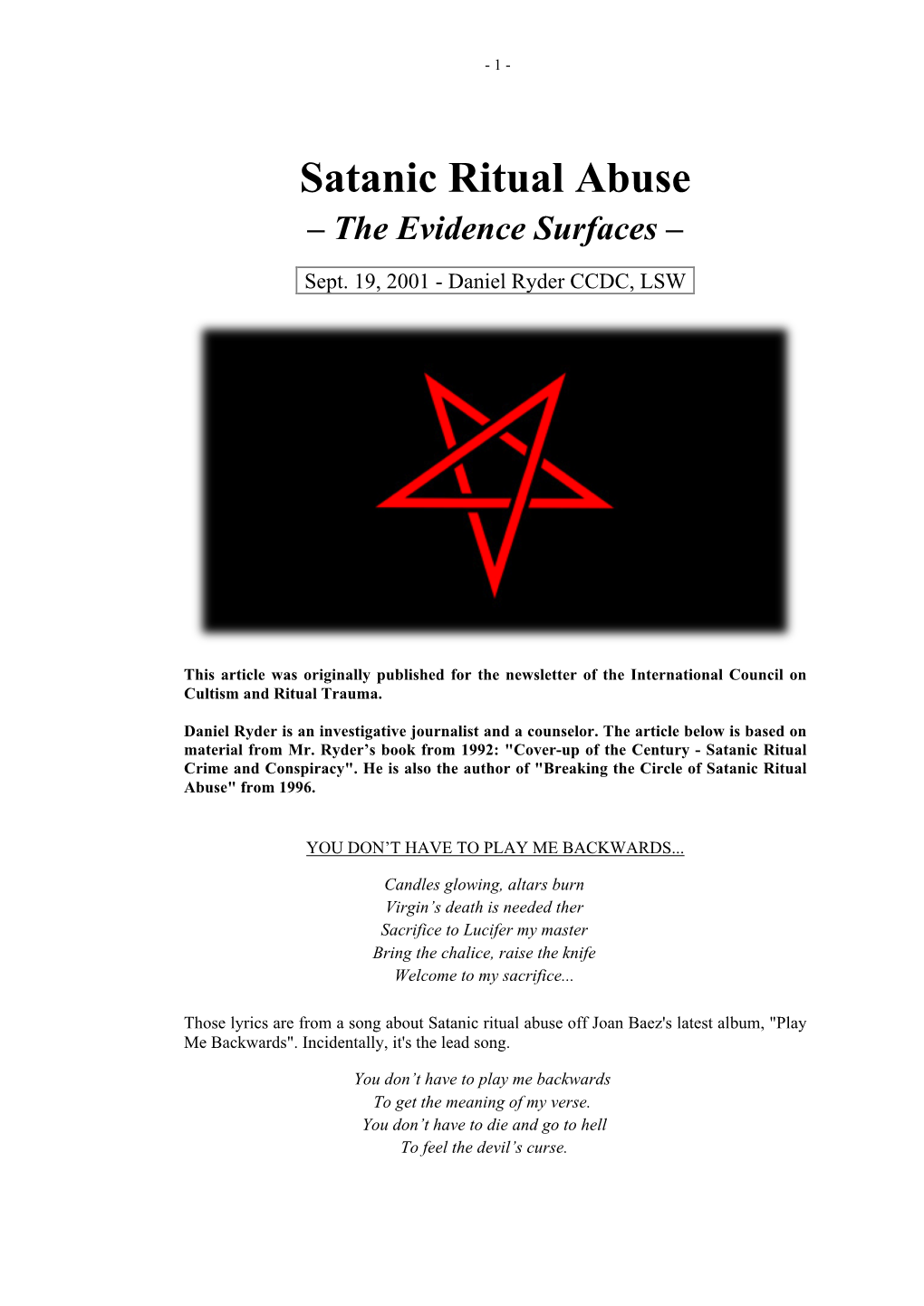 Satanic Ritual Abuse – the Evidence Surfaces –