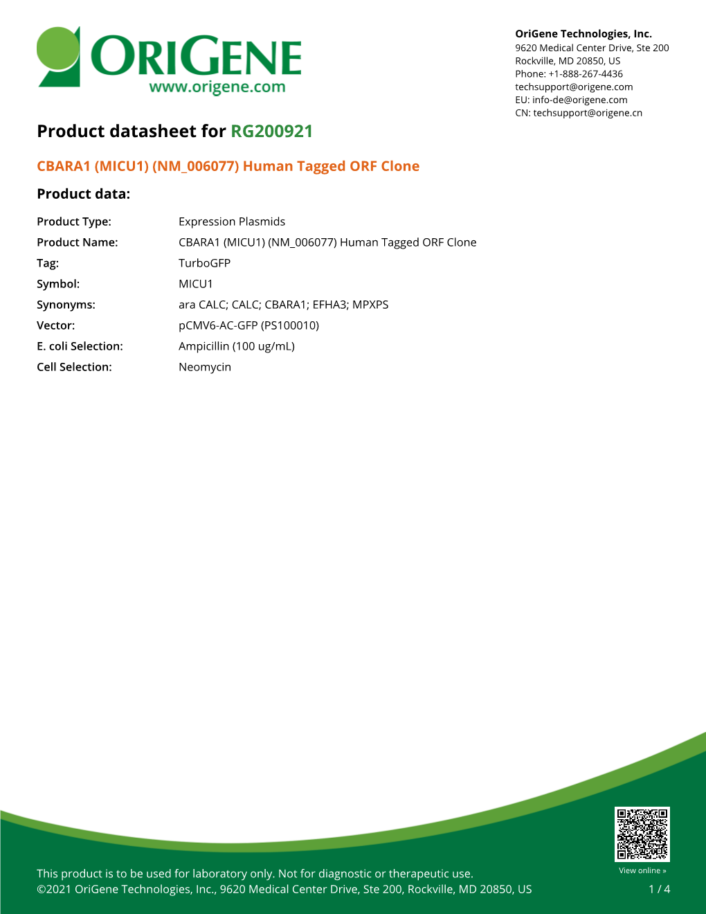 CBARA1 (MICU1) (NM 006077) Human Tagged ORF Clone Product Data