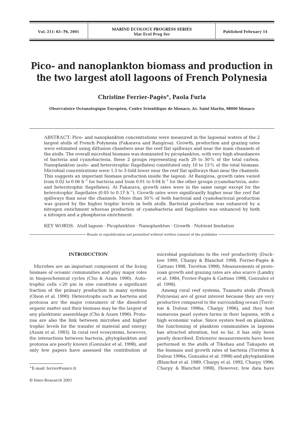 Pico-And Nanoplankton Biomass and Production in the Two Largest Atoll