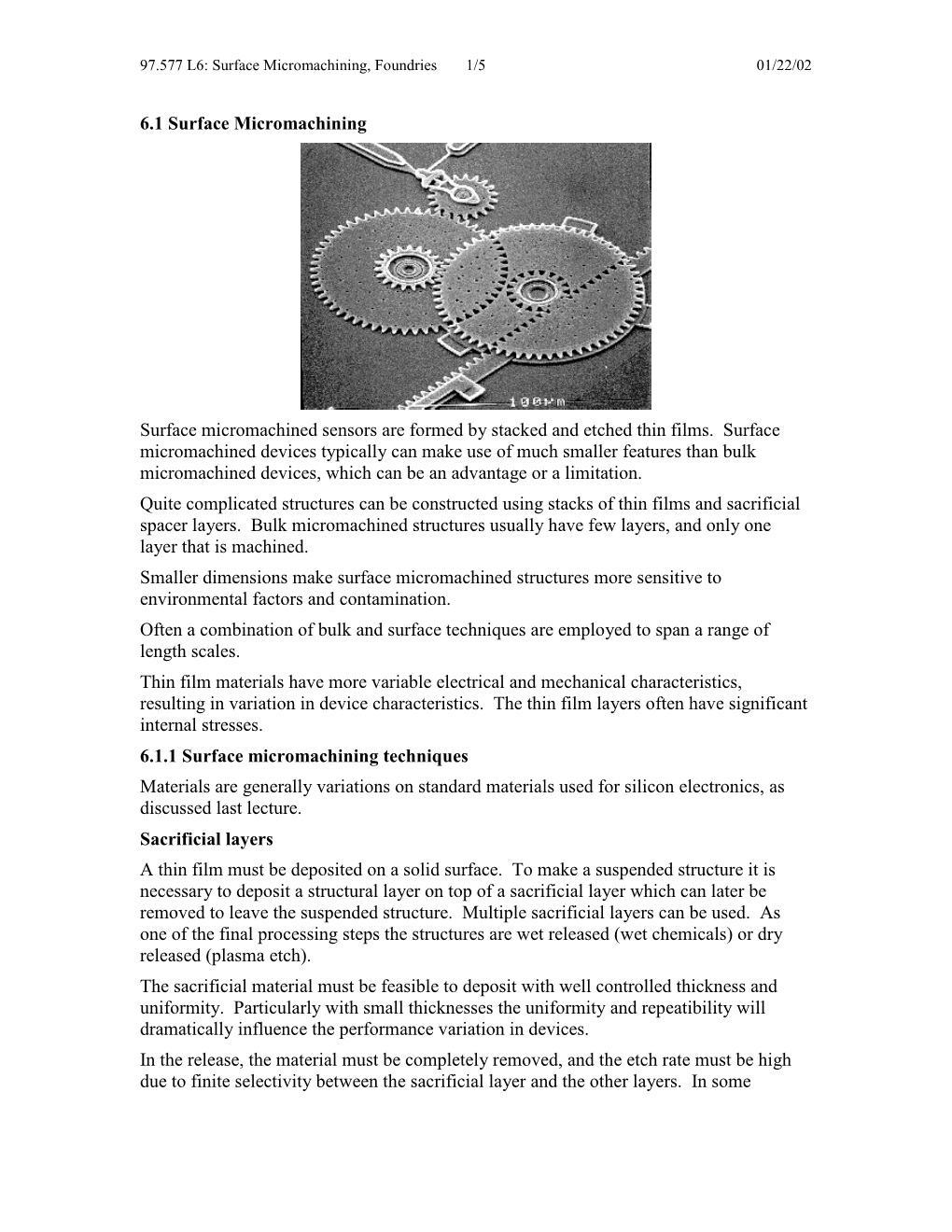 6.1 Surface Micromachining