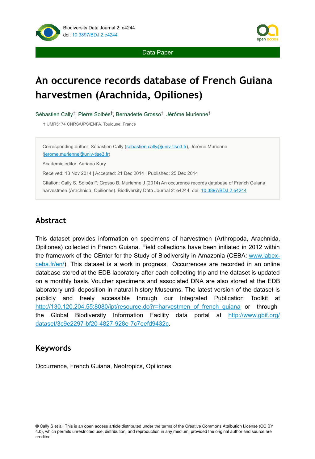 An Occurence Records Database of French Guiana Harvestmen (Arachnida, Opiliones)