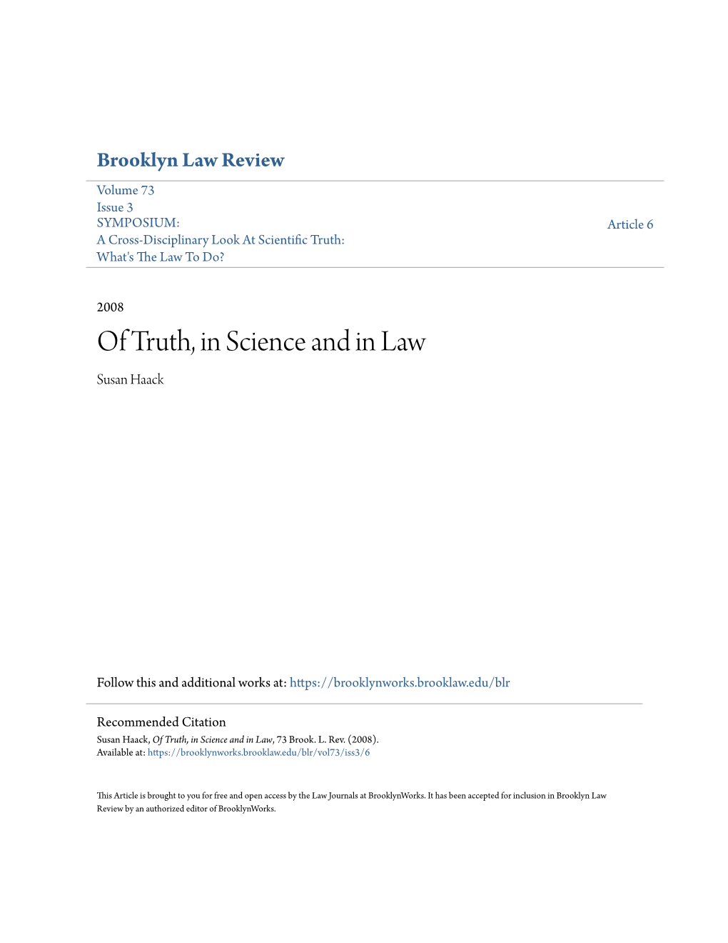 Of Truth, in Science and in Law Susan Haack