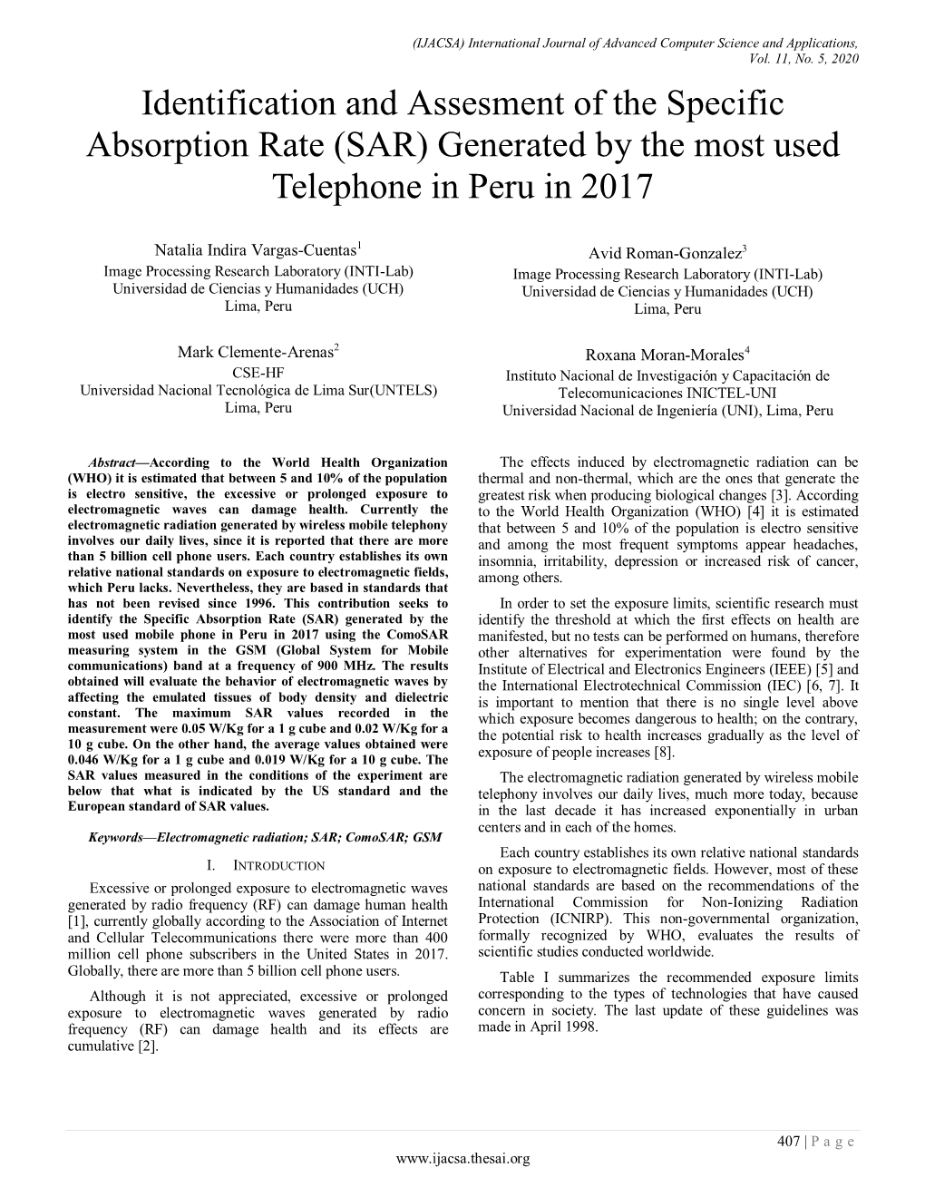 Identification and Assesment of the Specific Absorption Rate (SAR) Generated by the Most Used Telephone in Peru in 2017