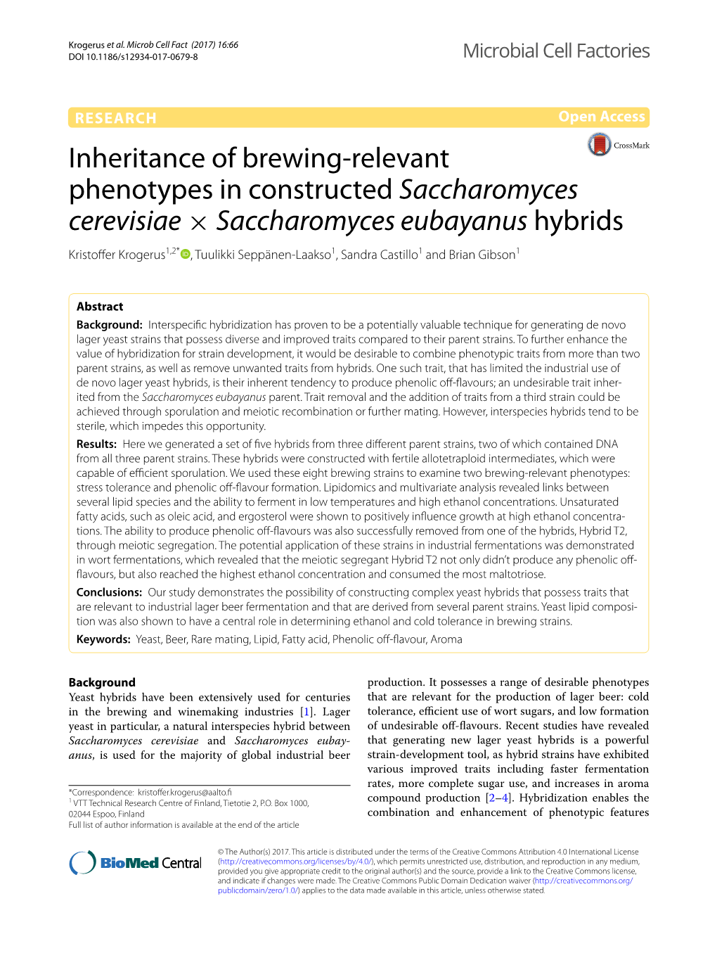 Inheritance of Brewing-Relevant Phenotypes in Constructed Saccharomyces Cerevisiae × Saccharomyces Eubayanus Hybrids