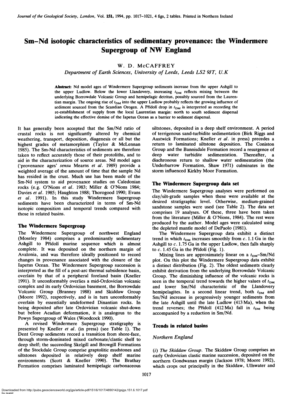 Sm-Nd Isotopic Characteristics of Sedimentary Provenance: the Windermere Supergroup of NW England