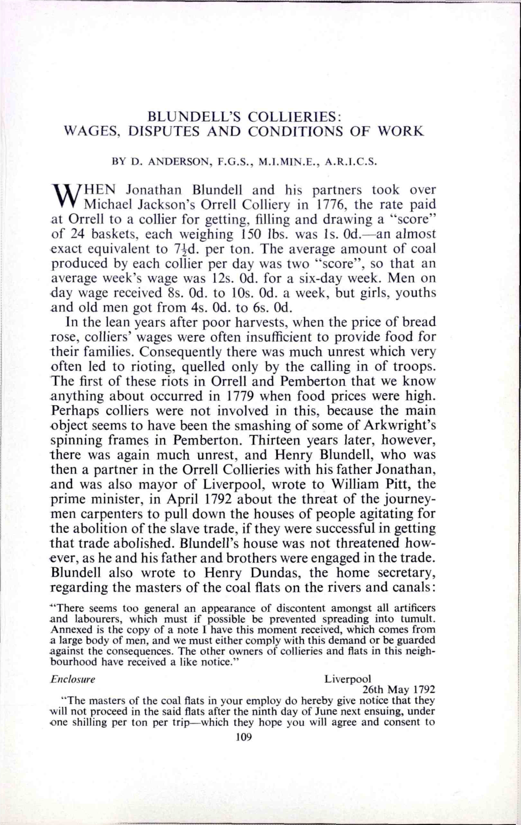 Blundell's Collieries: Wages, Disputes and Conditions of Work