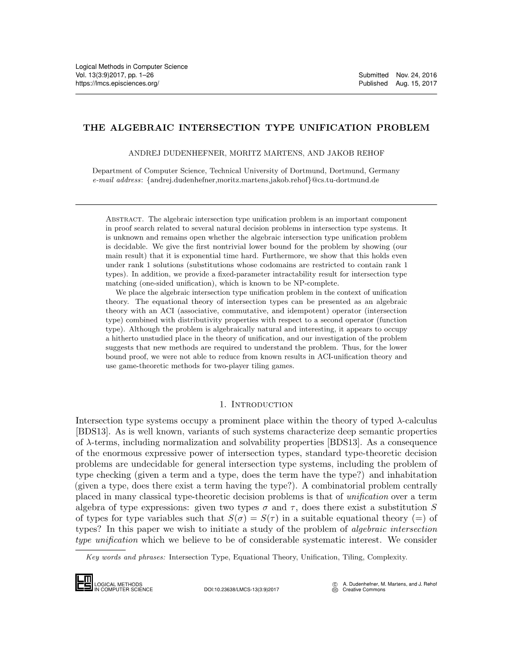 The Algebraic Intersection Type Unification Problem 11