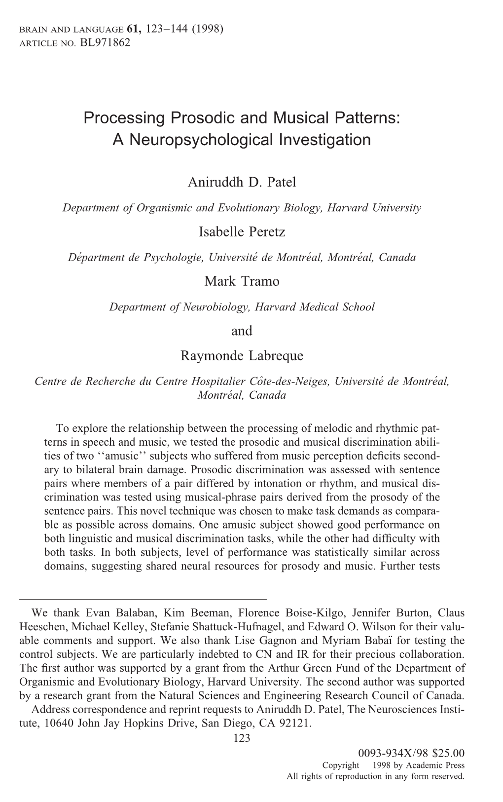 Processing Prosodic and Musical Patterns: a Neuropsychological Investigation