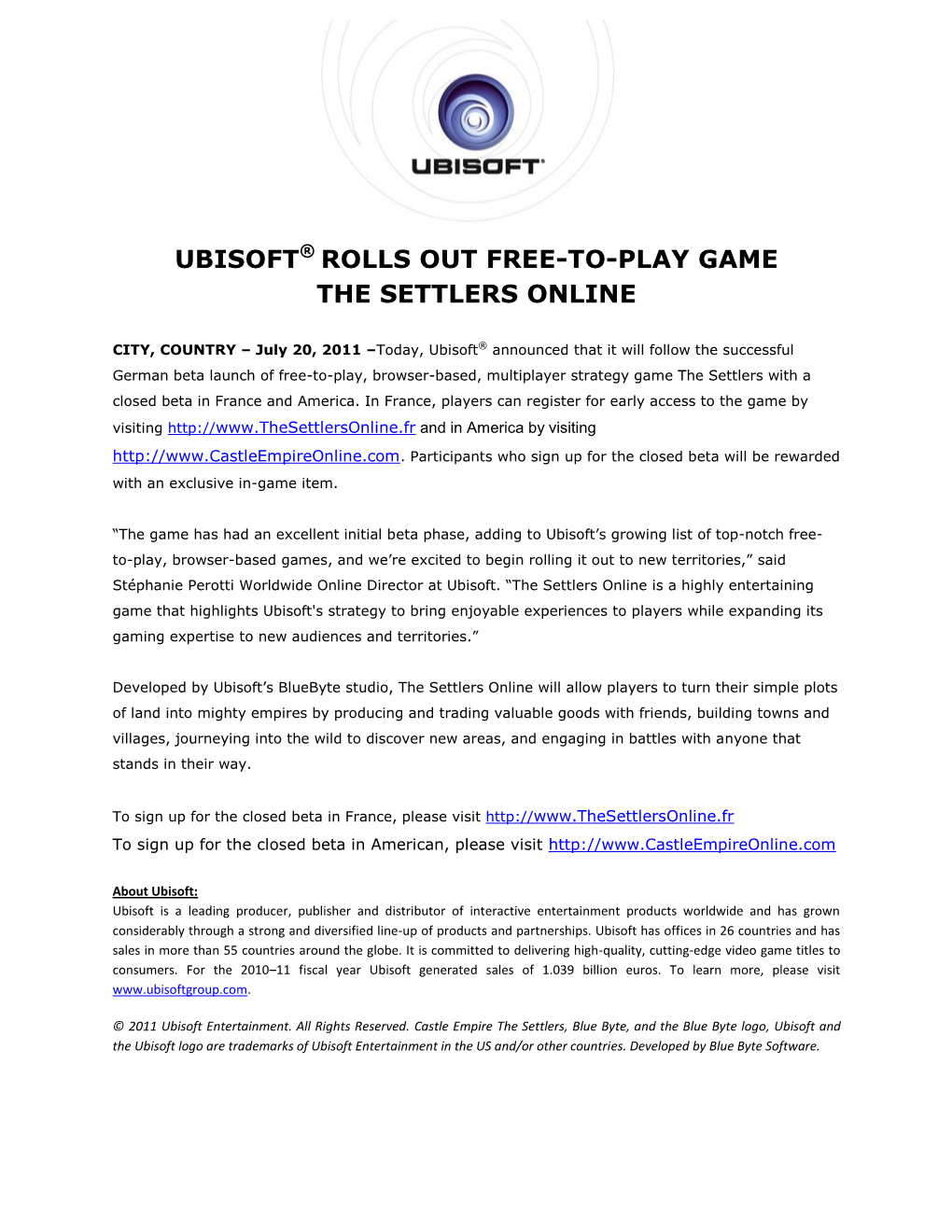 Ubisoft® Rolls out Free-To-Play Game the Settlers Online