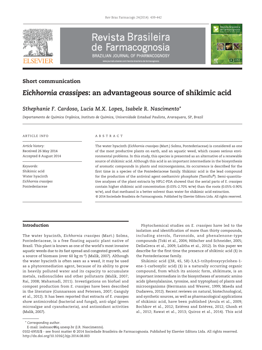 Eichhornia Crassipes: an Advantageous Source of Shikimic Acid