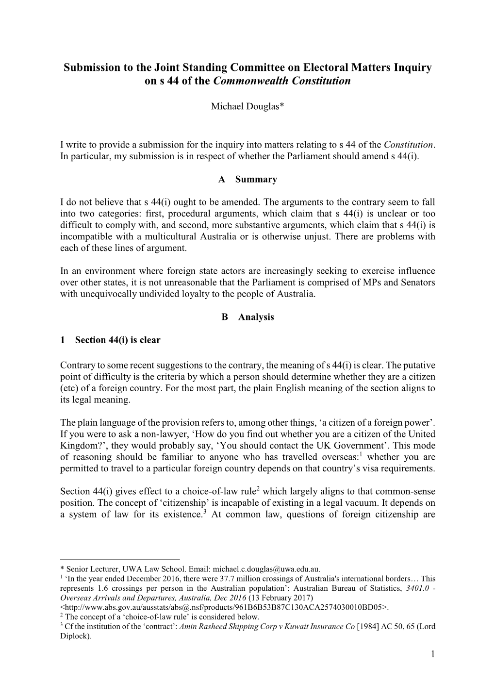 Submission to the Joint Standing Committee on Electoral Matters Inquiry on S 44 of the Commonwealth Constitution