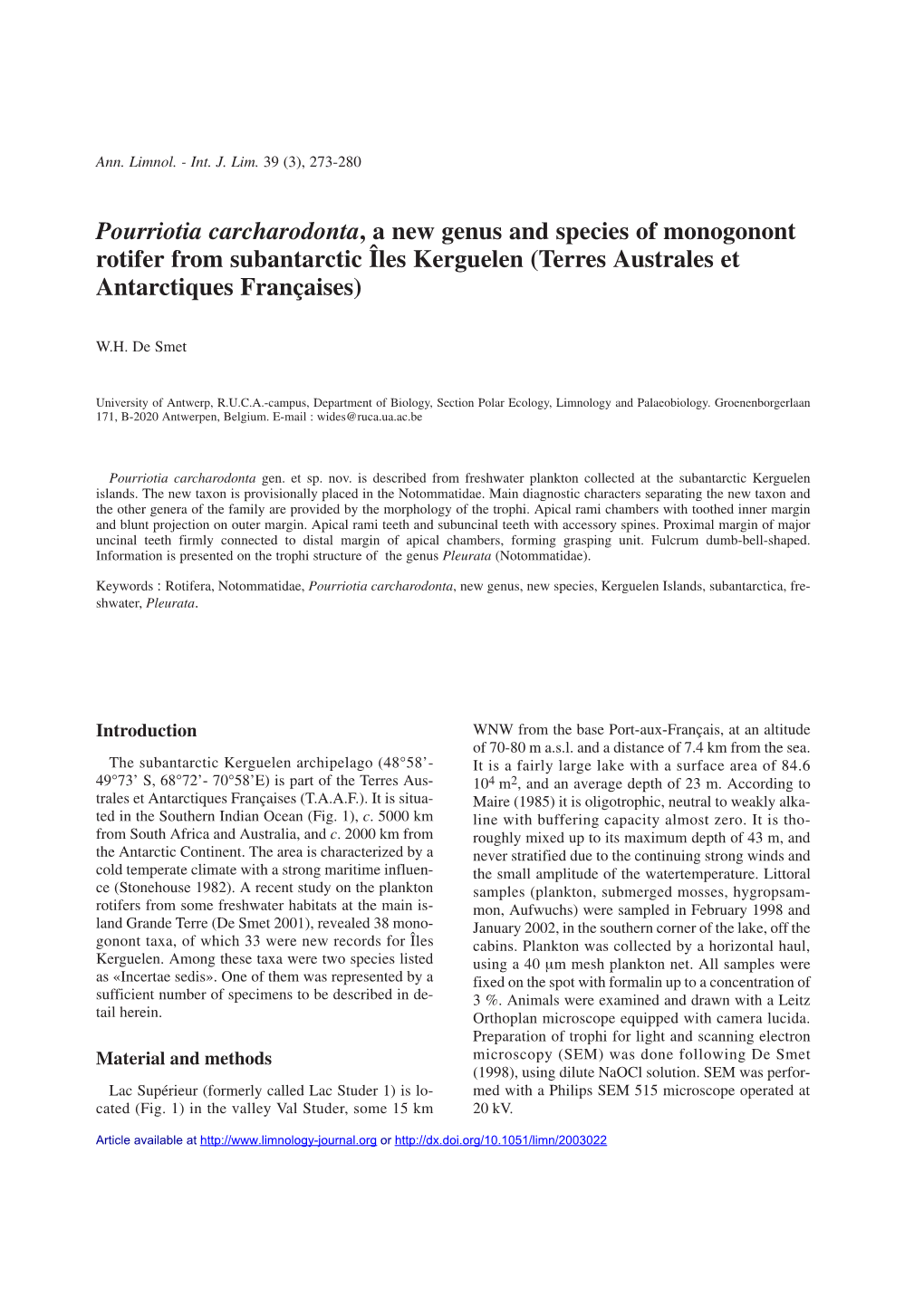 Pourriotia Carcharodonta, a New Genus and Species of Monogonont Rotifer from Subantarctic Îles Kerguelen (Terres Australes Et Antarctiques Françaises)