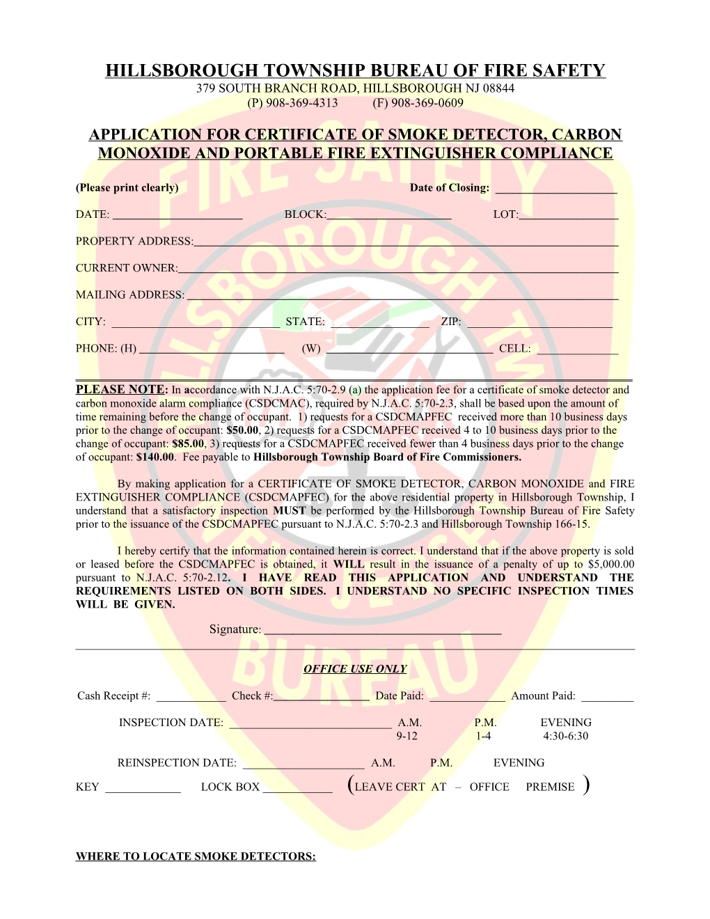 Application for Certificate of Smoke Detector Compliance