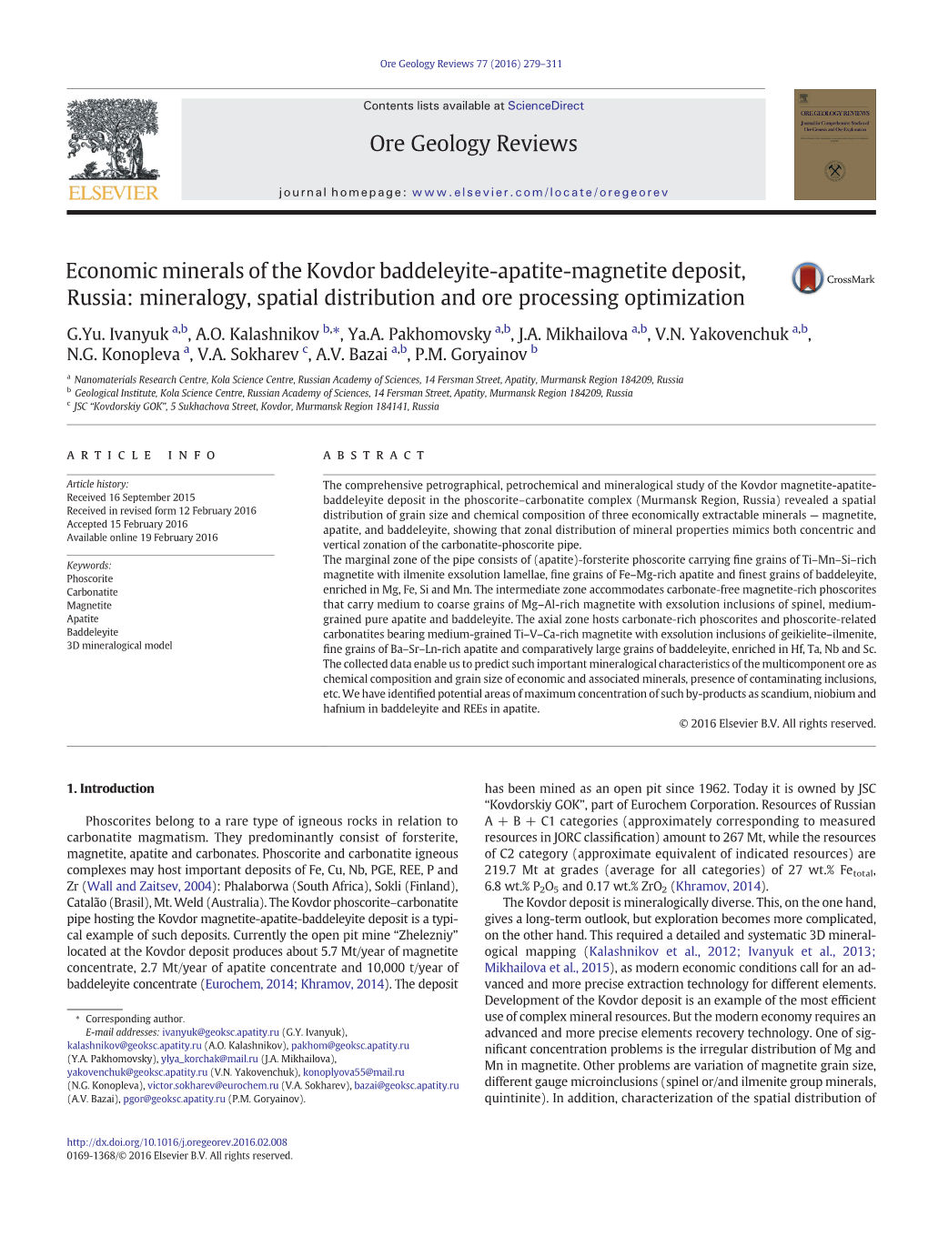 Economic Minerals of the Kovdor Baddeleyite-Apatite-Magnetite Deposit, Russia: Mineralogy, Spatial Distribution and Ore Processing Optimization