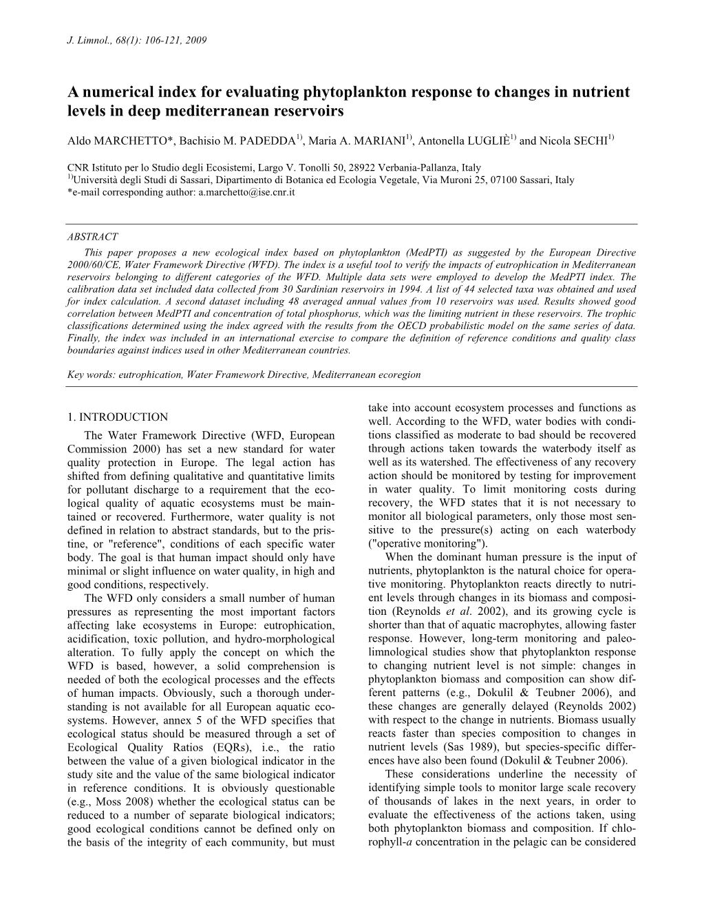 A Numerical Index for Evaluating Phytoplankton Response to Changes in Nutrient Levels in Deep Mediterranean Reservoirs