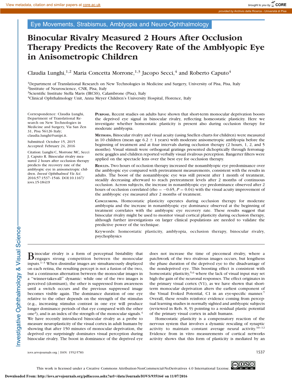 Binocular Rivalry Measured 2 Hours After Occlusion Therapy Predicts the Recovery Rate of the Amblyopic Eye in Anisometropic Children