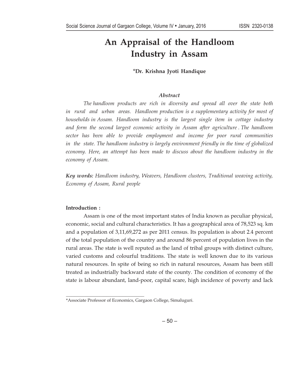 An Appraisal of the Handloom Industry in Assam Dr
