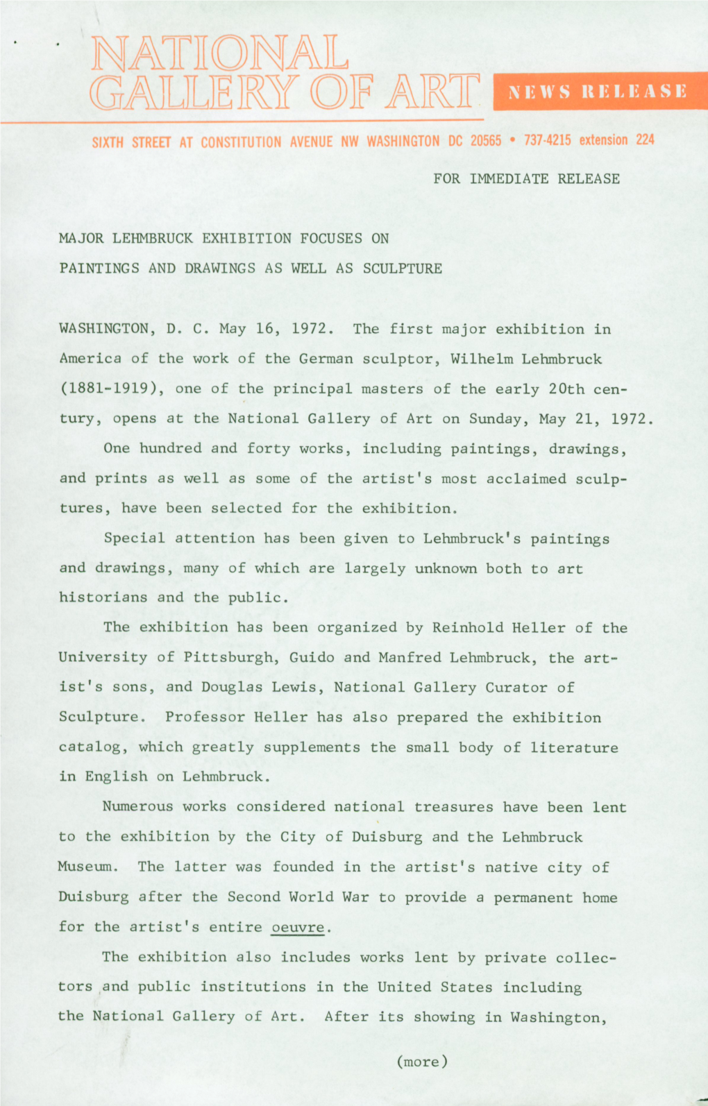 For Immediate Release Major Lehmbruck Exhibition