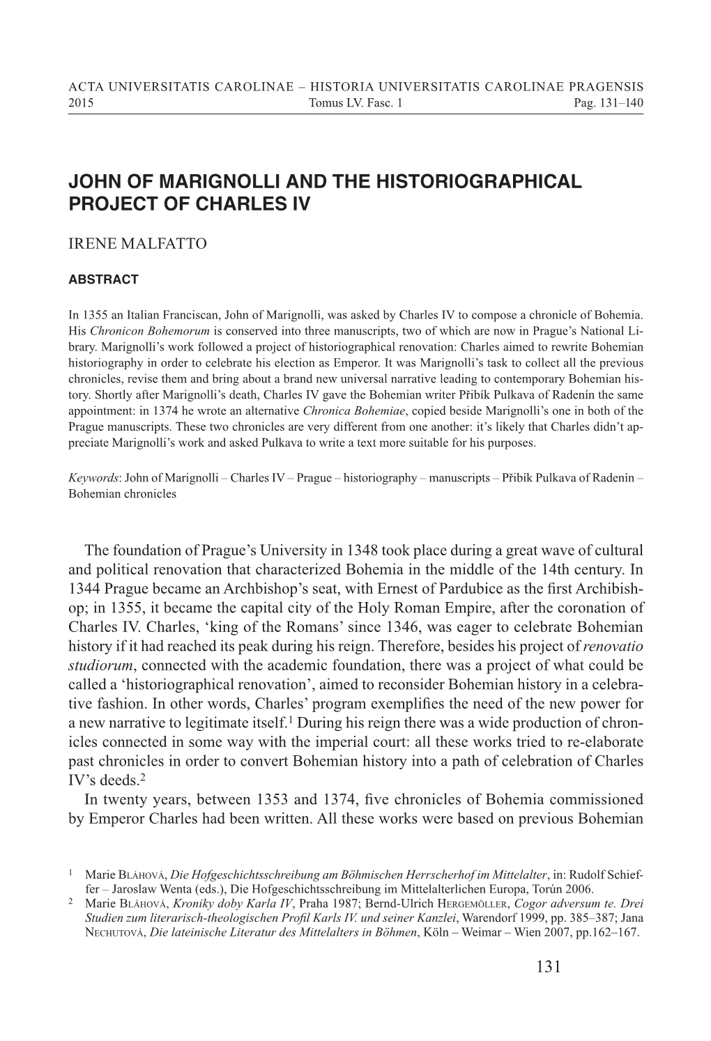 John of Marignolli and the Historiographical Project of Charles Iv