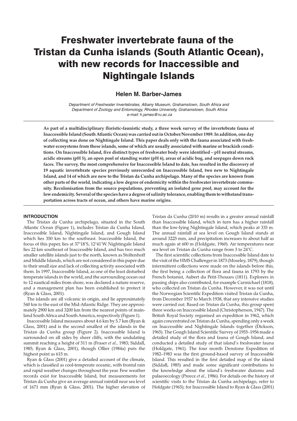 Freshwater Invertebrate Fauna of the Tristan Da Cunha Islands (South Atlantic Ocean), with New Records for Inaccessible and Nightingale Islands