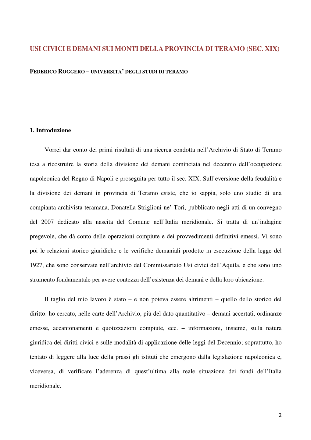 Usi Civici E Demani Sui Monti Della Provincia Di Teramo (Sec