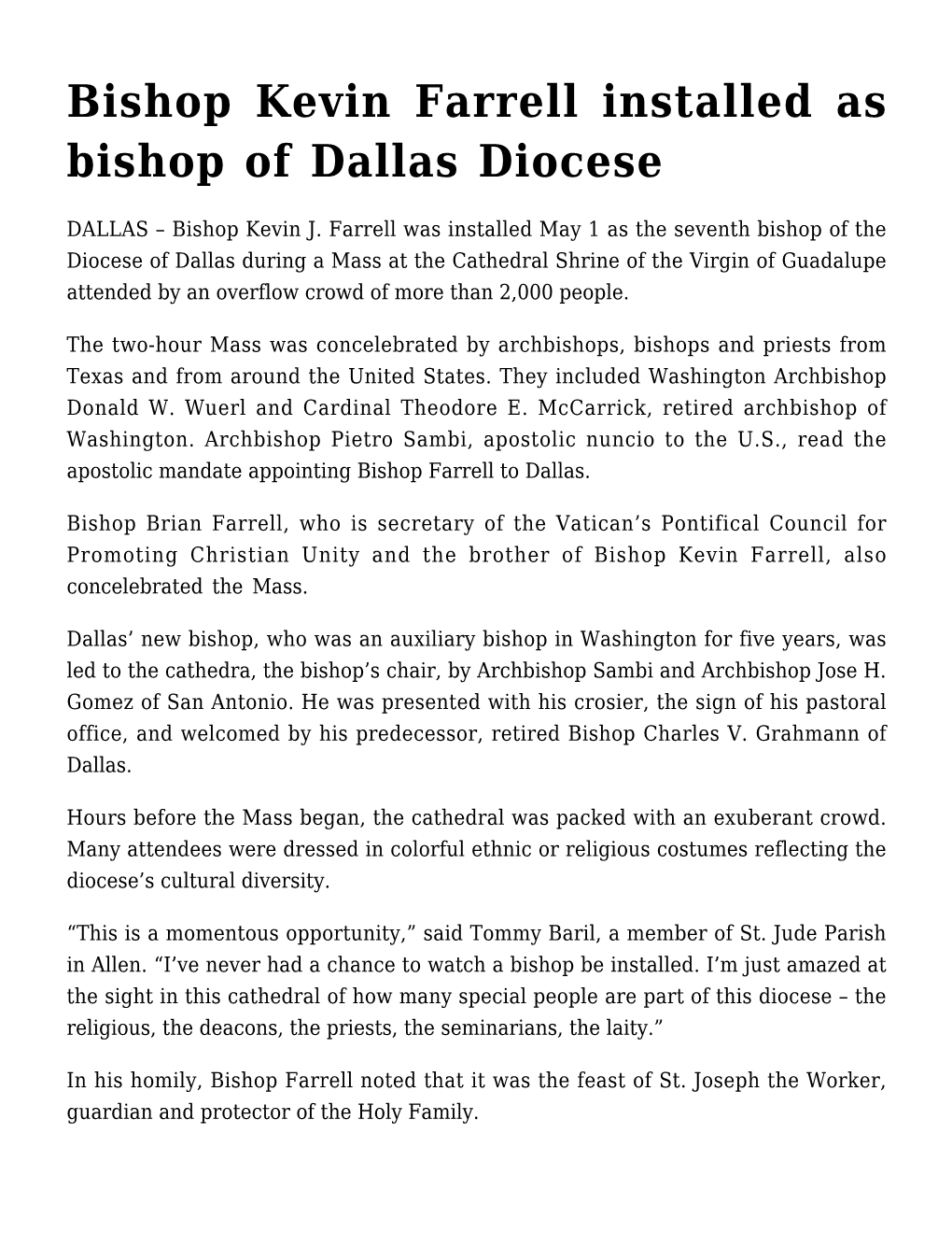 Bishop Kevin Farrell Installed As Bishop of Dallas Diocese