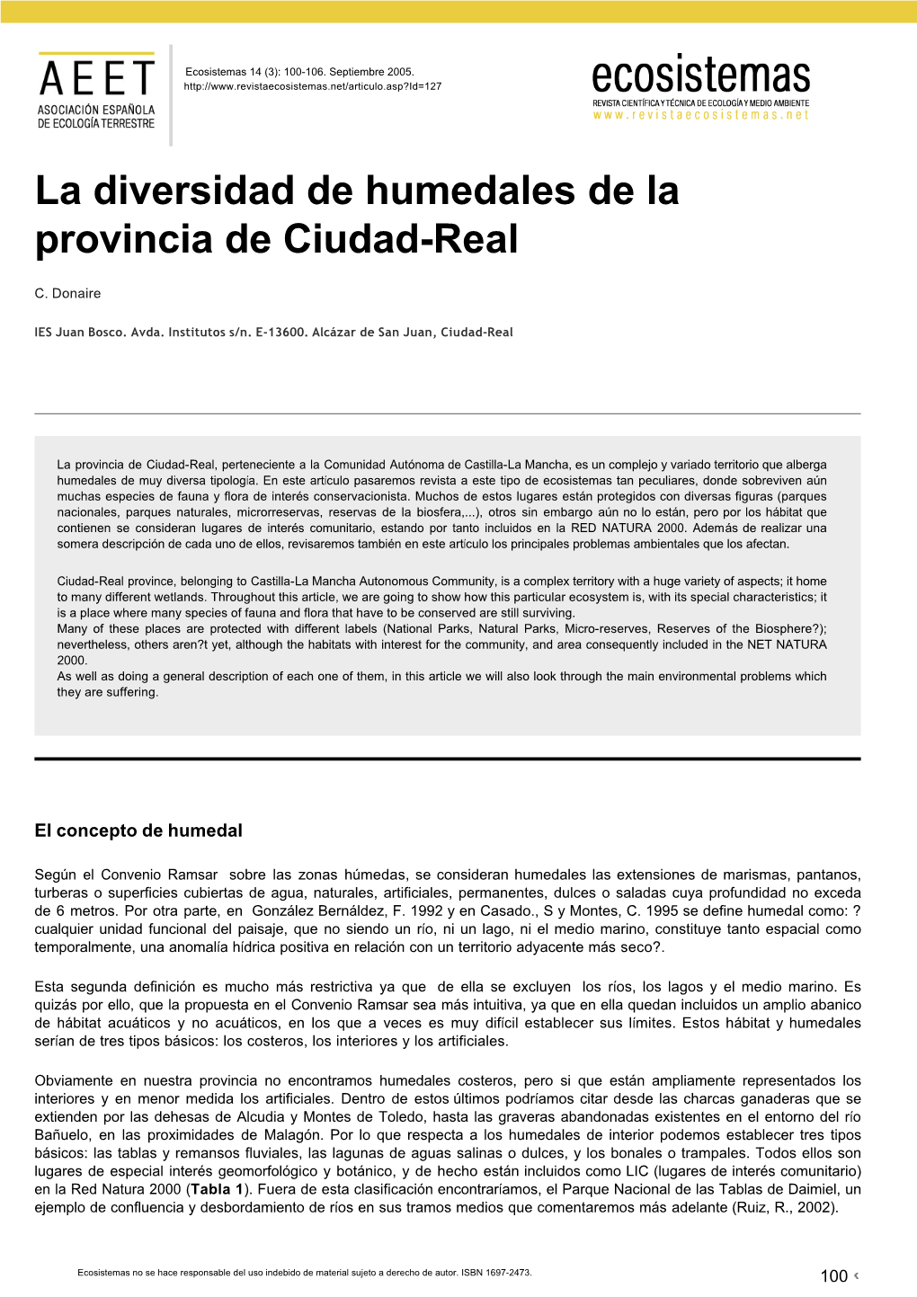 La Diversidad De Humedales De La Provincia De Ciudad-Real