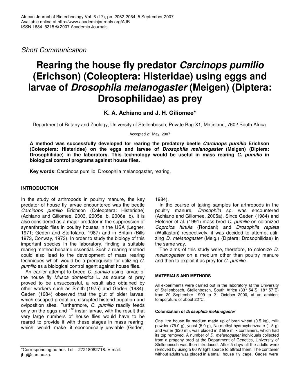 Rearing the House Fly Predator Carcinops