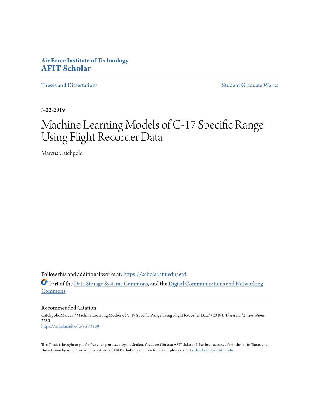 Machine Learning Models of C-17 Specific Range Using Flight Recorder Data Marcus Catchpole