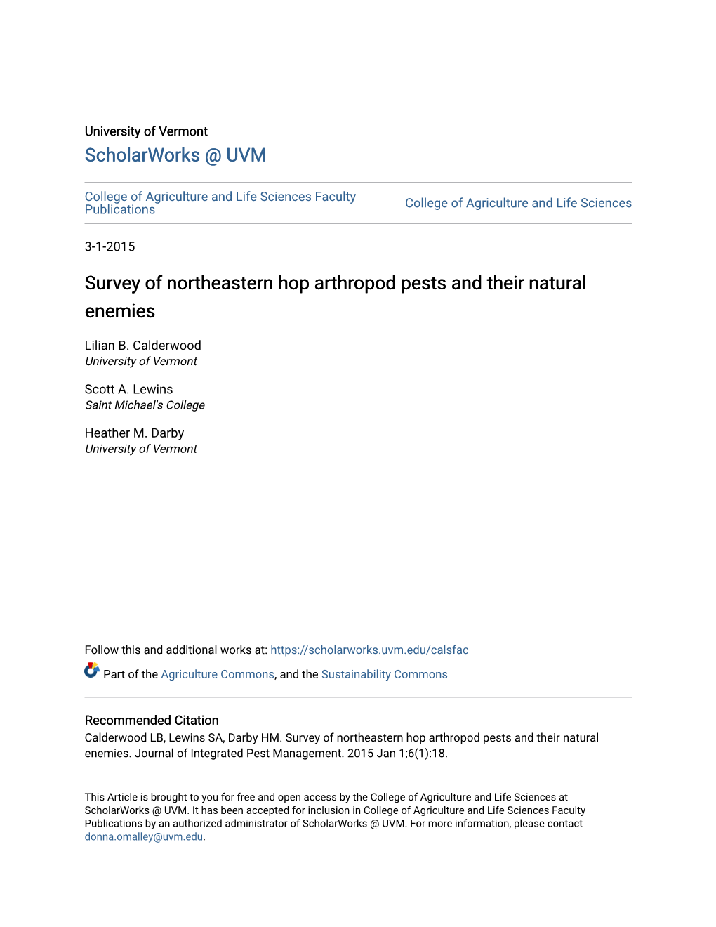 Survey of Northeastern Hop Arthropod Pests and Their Natural Enemies