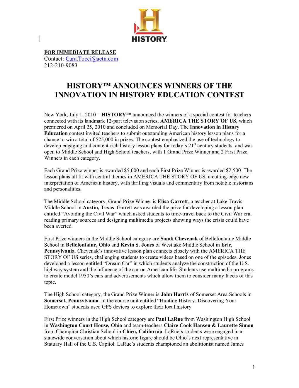 History™ Announces Winners of the Innovation in History Education Contest