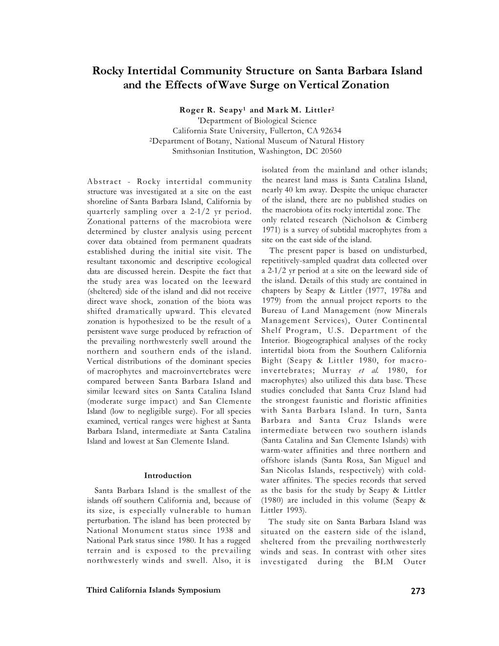 Rocky Intertidal Community Structure on Santa Barbara Island and the Effects of Wave Surge on Vertical Zonation